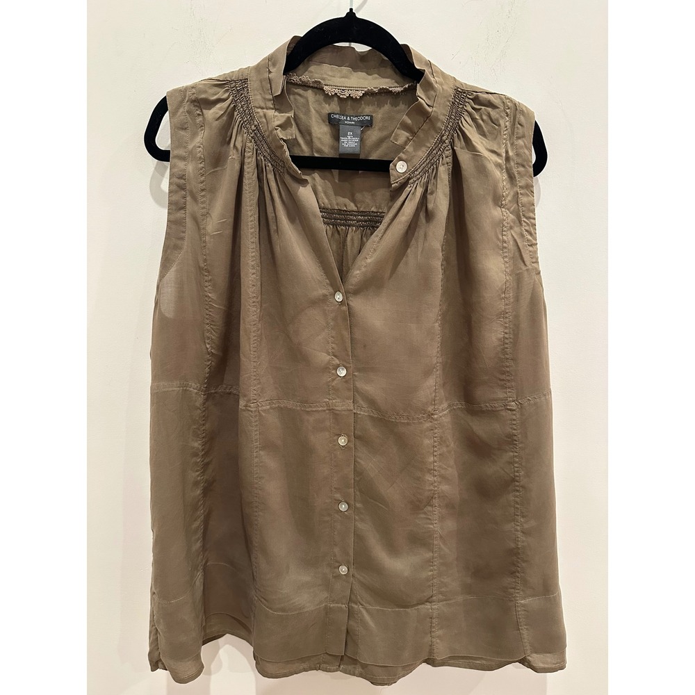 Chelsea & Theodore Woman Olive Brown Tencel Ruffle Neck Sleeveless Blouse 2X